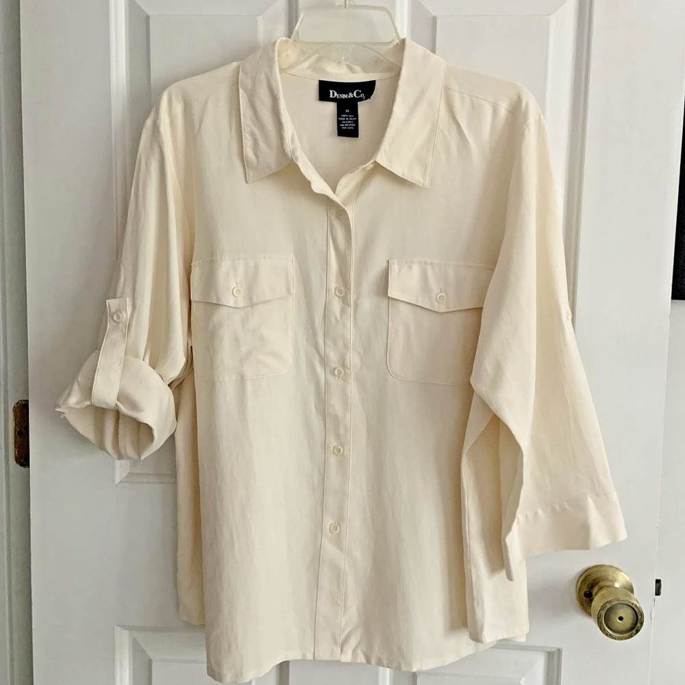 Denim & Co QVC Button Front Silk Blouse Roll Tab Sleeve Top Plus size 1X NWT*